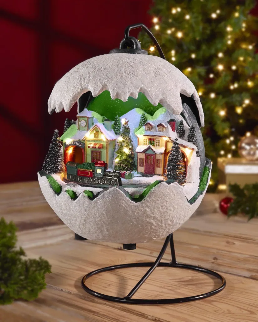 Weihnachtskugel 2021 mit fahrendem Zug, LED Licht und Musik