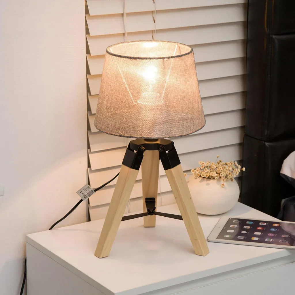 Tischlampe Dreibein Tischleuchte E27 Leinenoptik Kiefer Grau