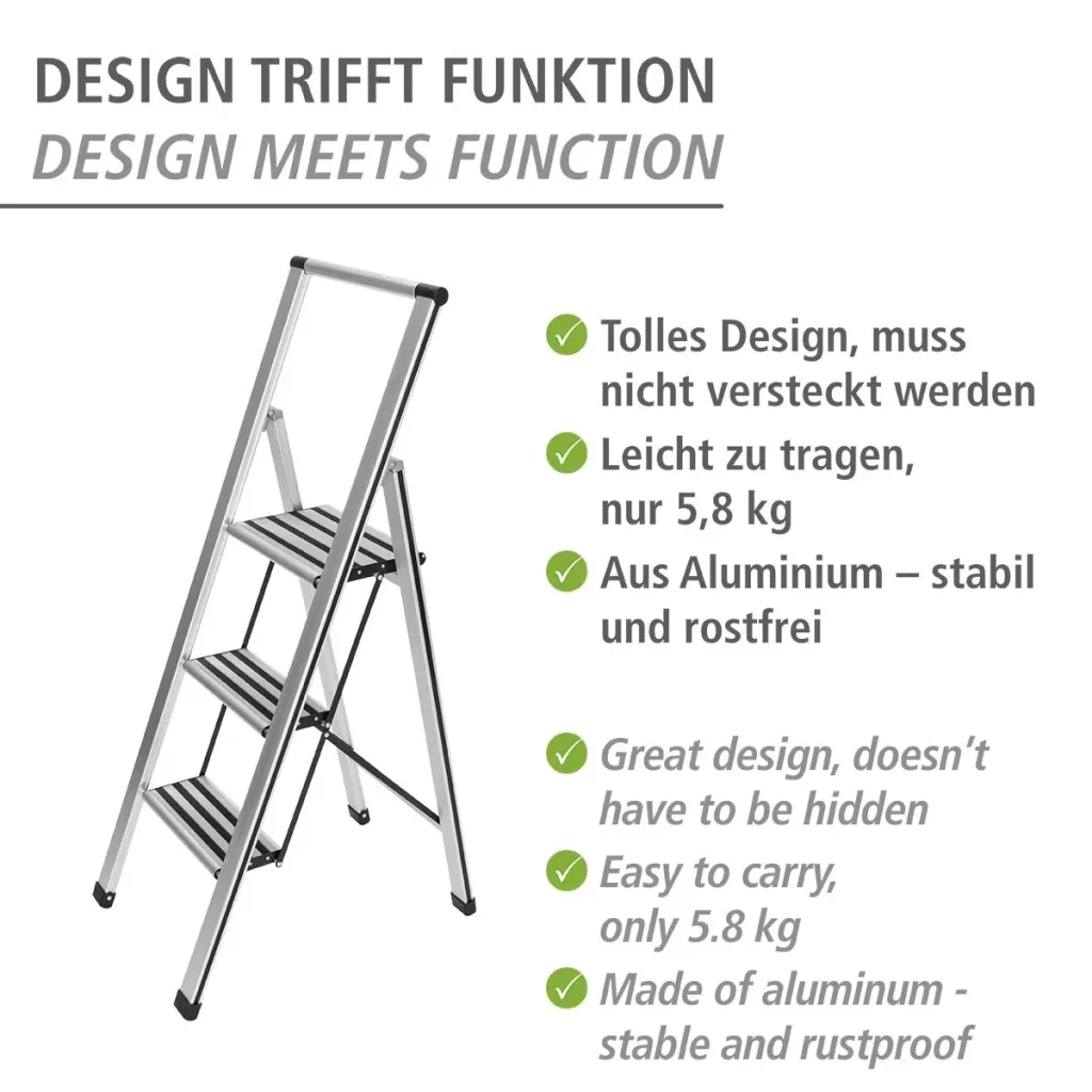 Alu-Design Klapptrittleiter 1-stufig Silber, rutschfeste Haushaltsleiter, Sicherheits-Stehleiter