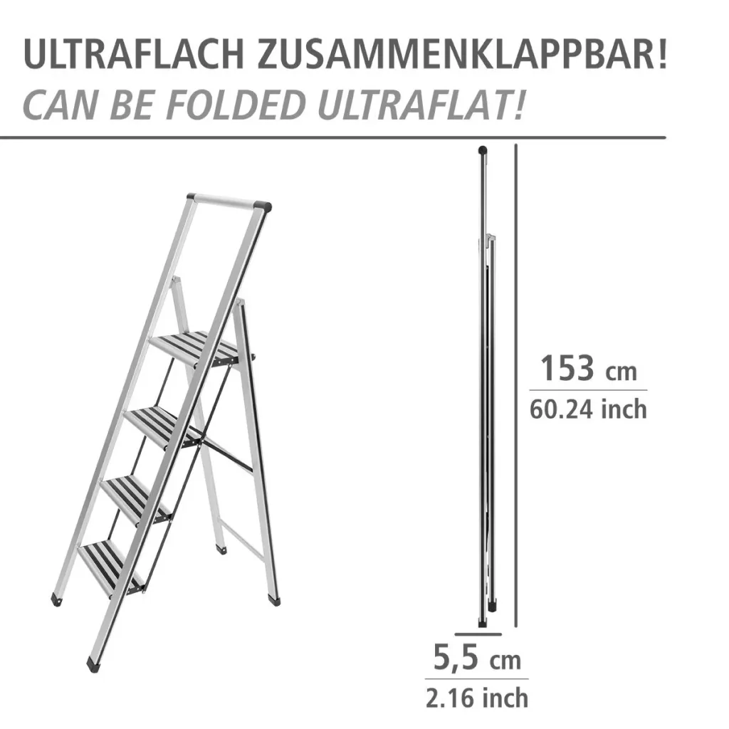 Alu-Design Klapptrittleiter 1-stufig Silber, rutschfeste Haushaltsleiter, Sicherheits-Stehleiter