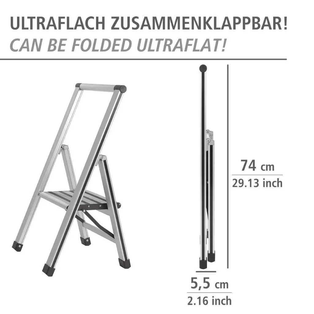 Alu-Design Klapptrittleiter 1-stufig Silber, rutschfeste Haushaltsleiter, Sicherheits-Stehleiter