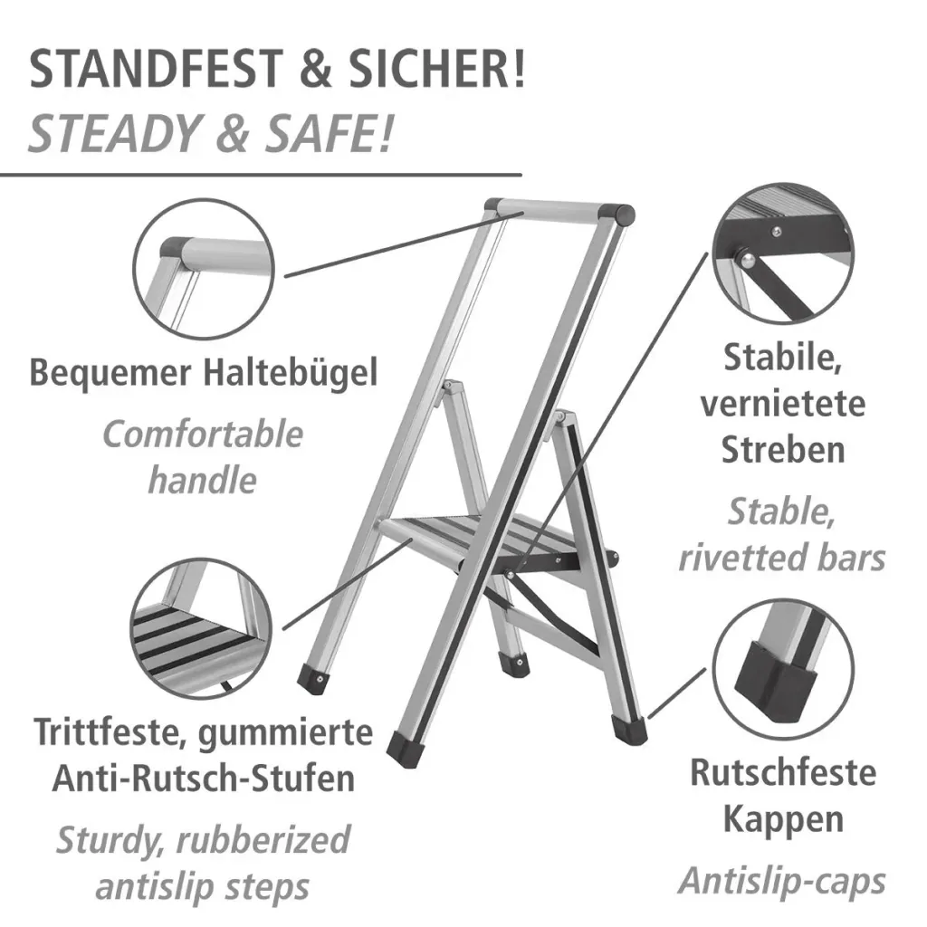Alu-Design Klapptrittleiter 1-stufig Silber, rutschfeste Haushaltsleiter, Sicherheits-Stehleiter