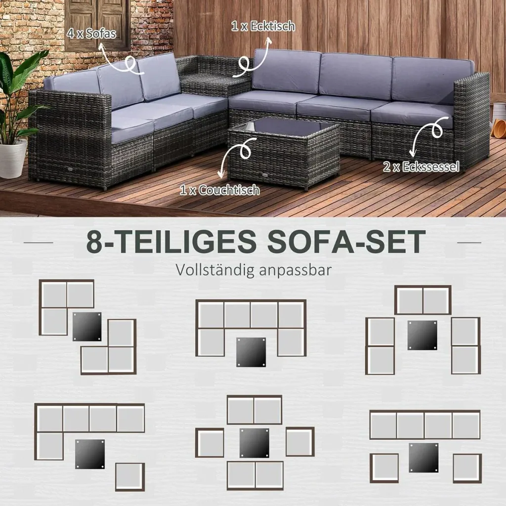 Polyrattan Lounge Set 8-teilig inkl. Kissen
