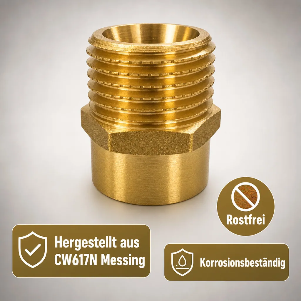 Messing Fitting, Doppelnippel reduziert, 1/2" IG x 3/4" AG, Gewindefitting Messing