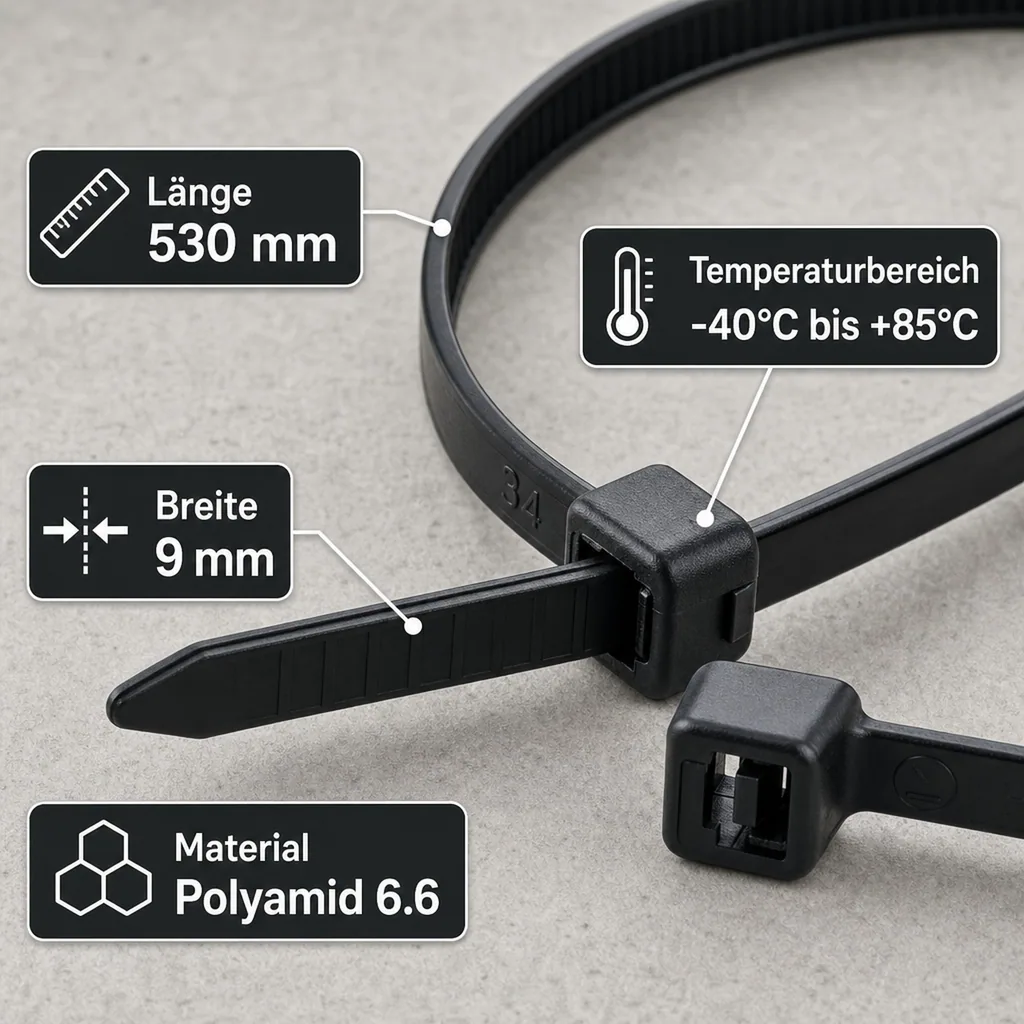Kabelbinder 100 Stück 530x9mm, schwarz, UV-stabilisiert
