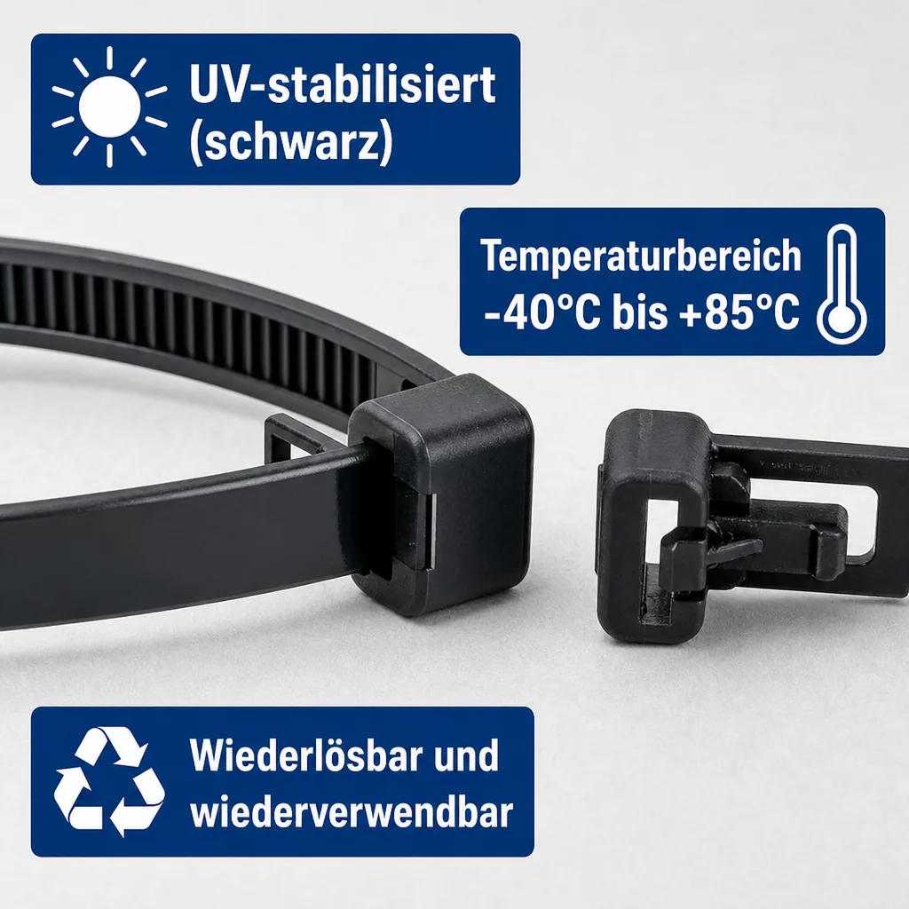 Kabelbinder, 100 Stück, wiederlösbar 250x7,6mm, schwarz