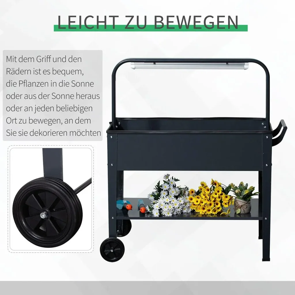Hochbeet mit LED-Licht und Rädern dunkelgrau