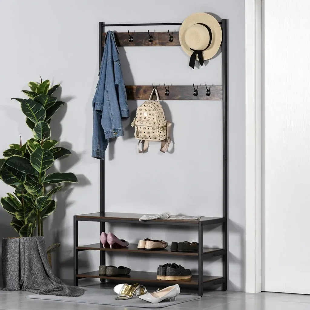 Garderobenständer mit 12 Haken und Schuhregal Kleiderständer Wandgarderobe Stahl Braun+Schwarz 100 x 40 x 184 cm