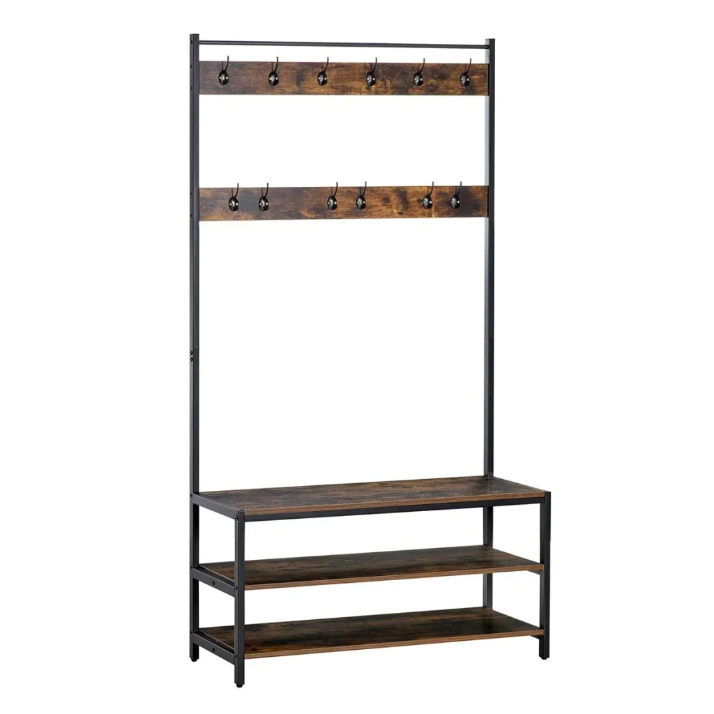 Garderobenständer mit 12 Haken und Schuhregal Kleiderständer Wandgarderobe Stahl Braun+Schwarz 100 x 40 x 184 cm