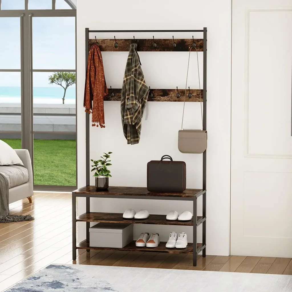 Garderobenständer mit 12 Haken und Schuhregal Kleiderständer Wandgarderobe Stahl Braun+Schwarz 100 x 40 x 184 cm