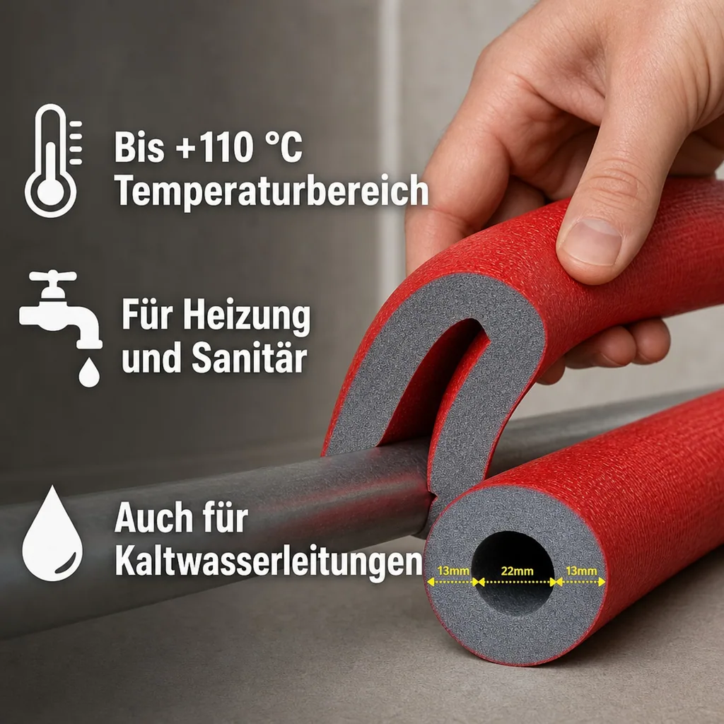 Rohrisolierung 22mm, 2m, Weichschaum, 13mm Dämmstärke, Sanitär und Heizungsbereich