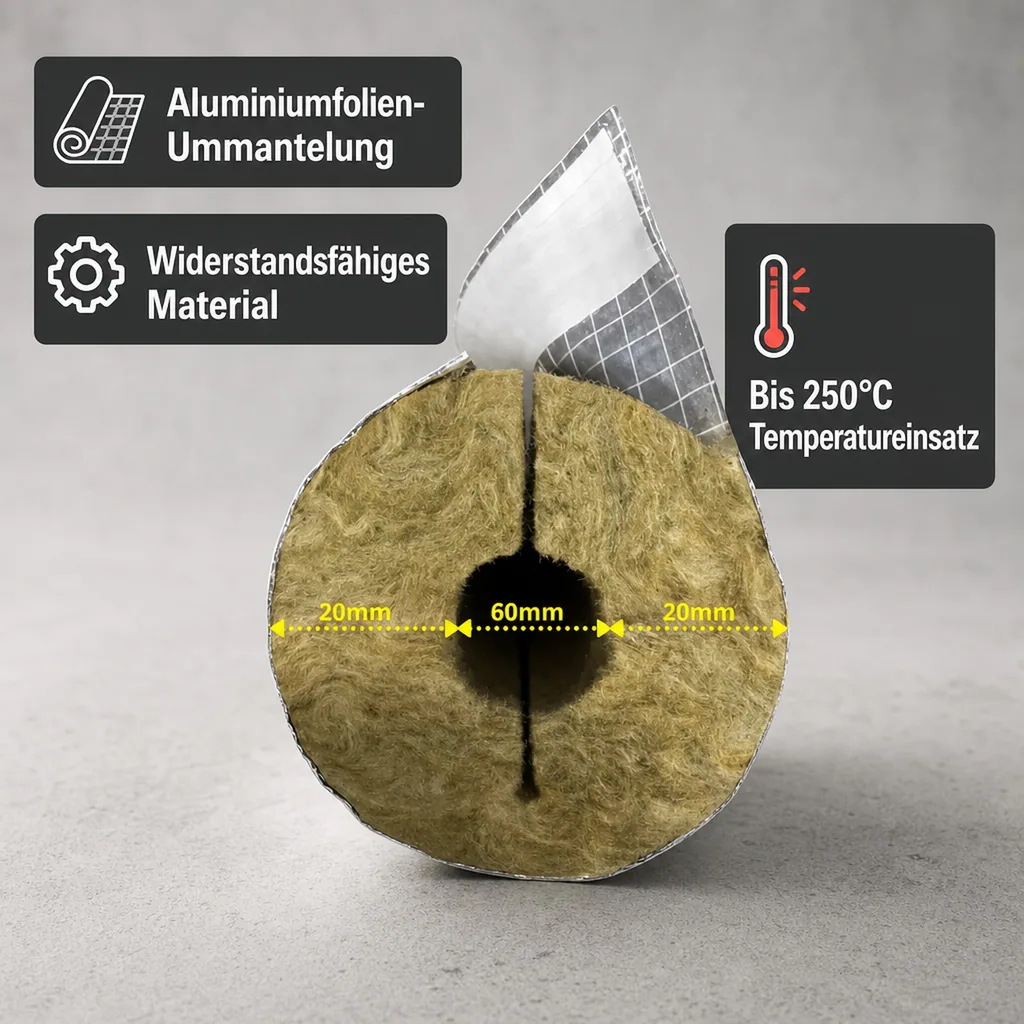 Rohrisolierung Steinwolle 60mm x 20mm, Alu, selbstklebend, 1m