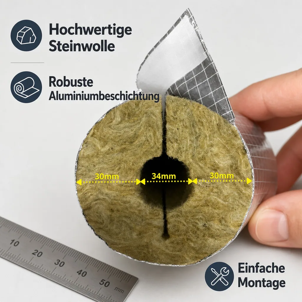Rohrisolierung Steinwolle, 34x30mm, 1m, GEG 100%