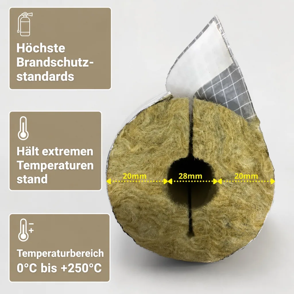 Rohrisolierung Steinwolle, alukaschiert, 28mm, 1m, A2L s1 d0