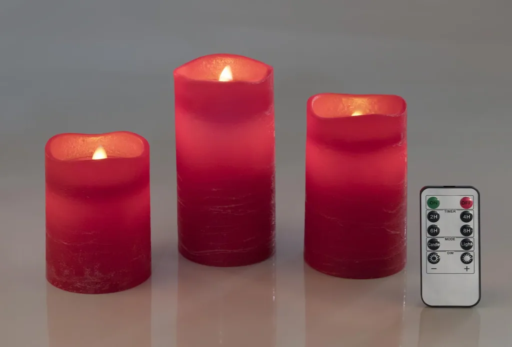 LED Echtwachskerzen mit Timer und Flackerlicht - 3er Set in rot