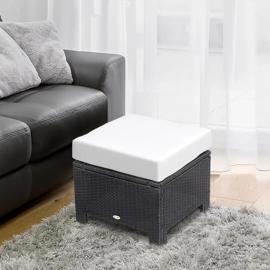 Poly Rattan Hocker mit Kissen Gartenhocker Sitzhocker Fußhocker Rattanhocker Balkon Sitzhocker Gartenmöbel Schwarz+Creme