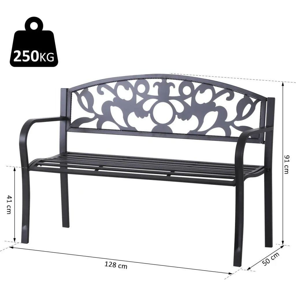 2-Sitzer Sitzbank Gartenbank Metallbank mit Armlehne Landhausstil Metall Schwarz 128 x 50 x 91 cm