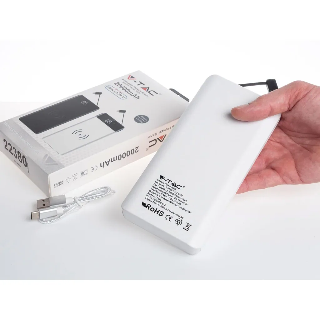 VT-3508 Netzgerät mit drahtloser QI-Ladefunktion - 20.000mah - einschließlich Mikro-USB-Kabel - Weiß