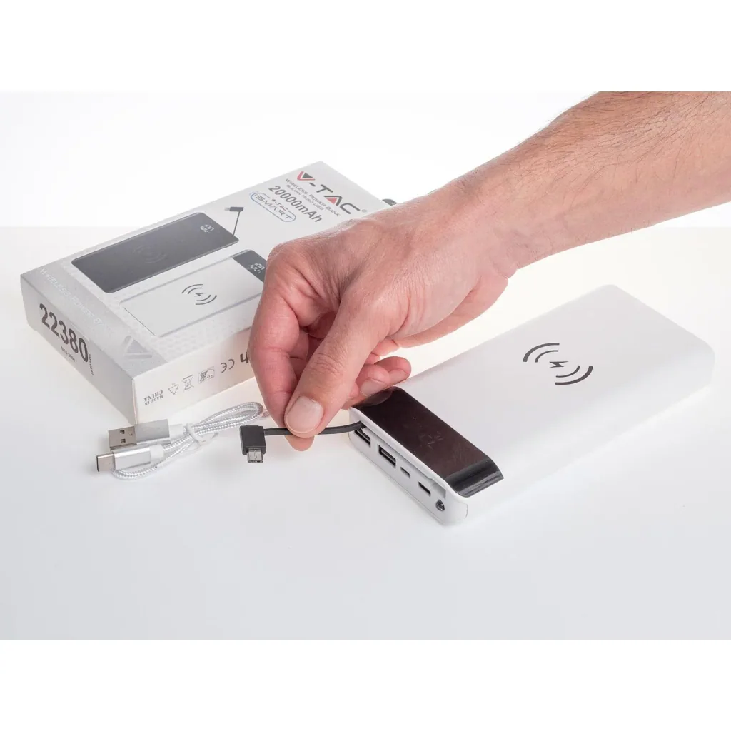 VT-3508 Netzgerät mit drahtloser QI-Ladefunktion - 20.000mah - einschließlich Mikro-USB-Kabel - Weiß