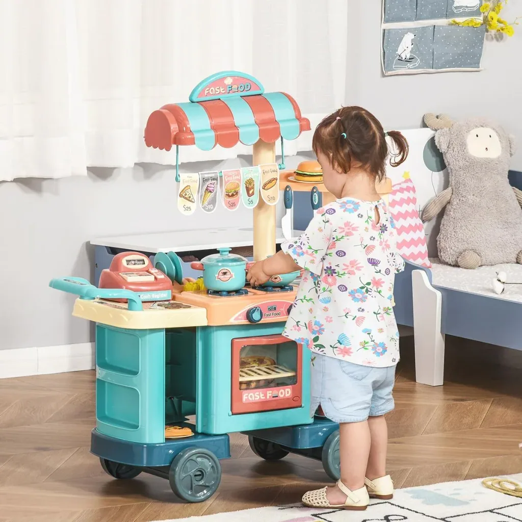Kinderküche mit Zubehör 50-Teilige Spielküche Spielzeugküche Kunststoff Blau+Rot+Orange 79,5 x 33 x 90,5 cm