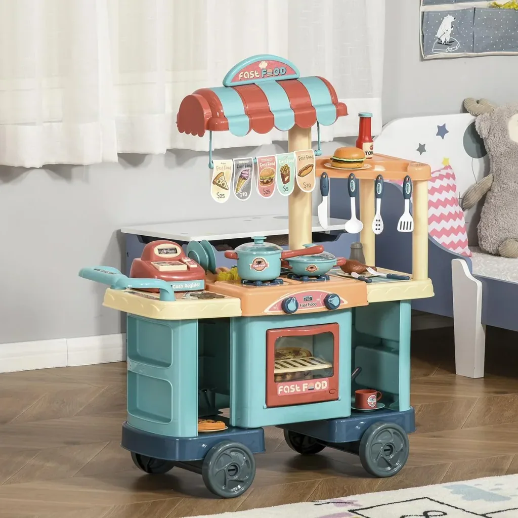 Kinderküche mit Zubehör 50-Teilige Spielküche Spielzeugküche Kunststoff Blau+Rot+Orange 79,5 x 33 x 90,5 cm