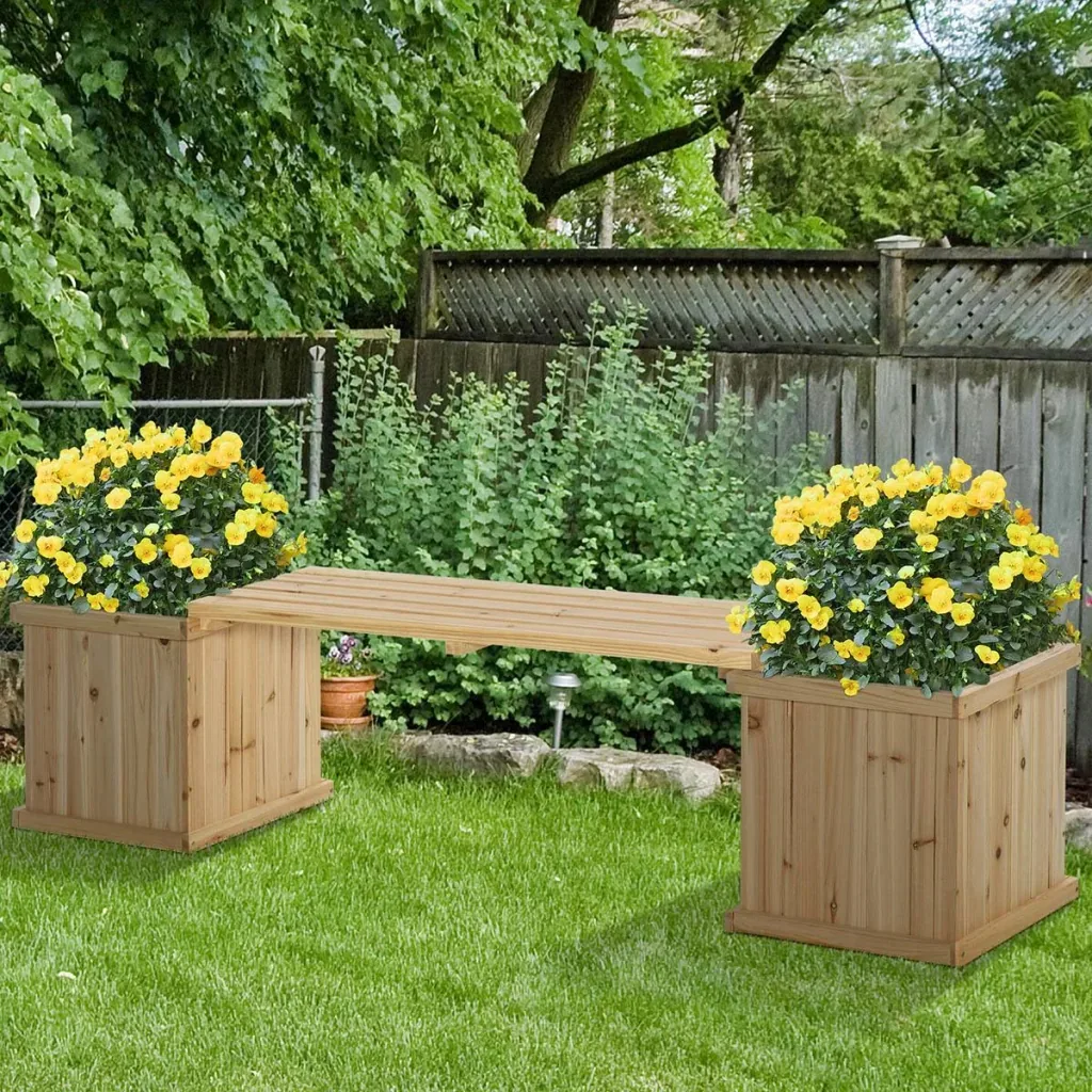 Gartenbank mit 2 Pflanzkasten Holz Sitzbank mit Blumenkasten Garten Holzbank Parkbank Natur 176 x 38 x 40 cm