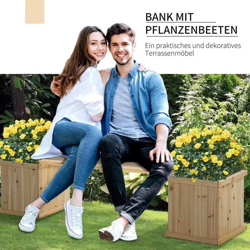 Gartenbank mit 2 Pflanzkasten Holz Sitzbank mit Blumenkasten Garten Holzbank Parkbank Natur 176 x 38 x 40 cm