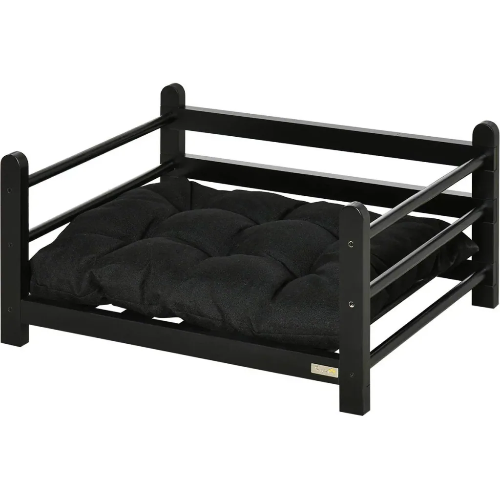 Hundebett mit hohem Rahmen und Kissen, Kiefernholz, 65 x 51 x 32 cm