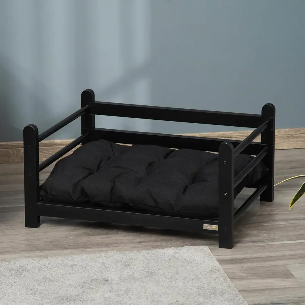 Hundebett mit hohem Rahmen und Kissen, Kiefernholz, 65 x 51 x 32 cm