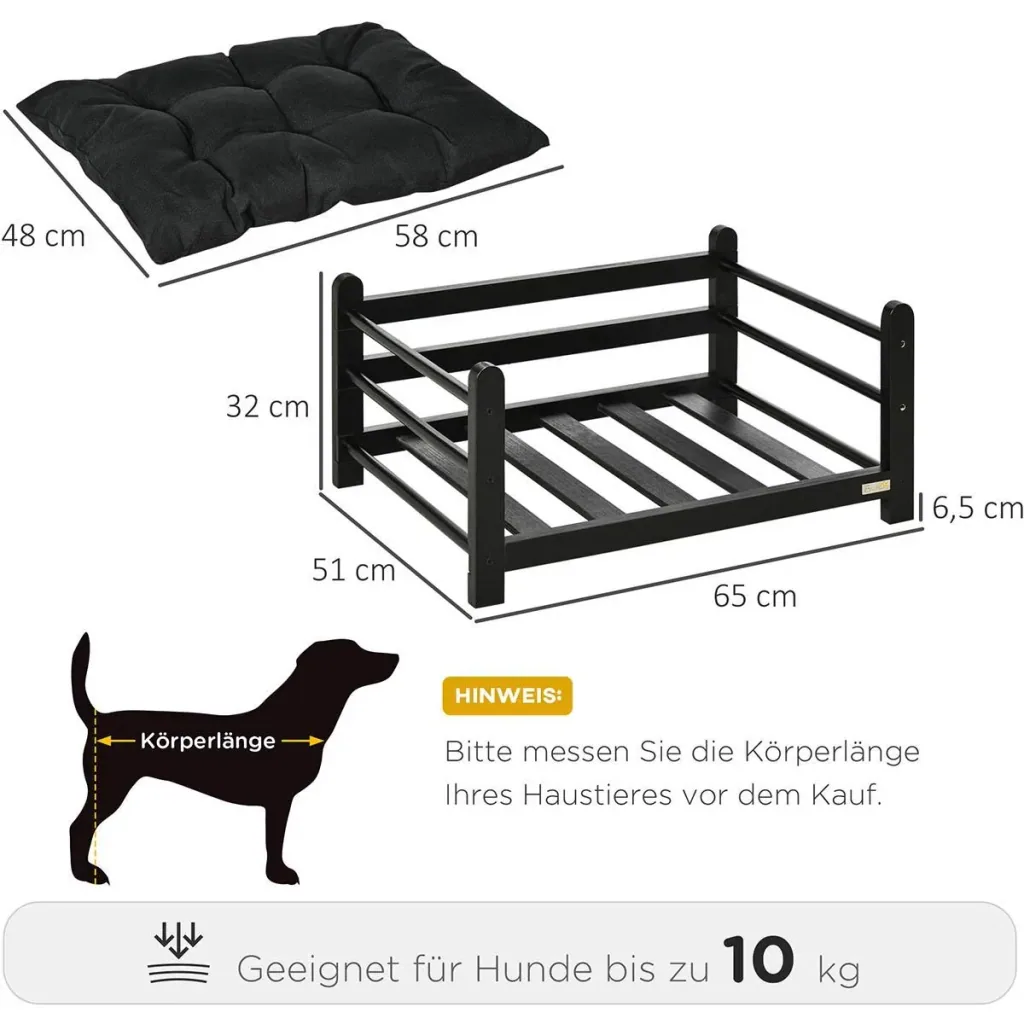 Hundebett mit hohem Rahmen und Kissen, Kiefernholz, 65 x 51 x 32 cm