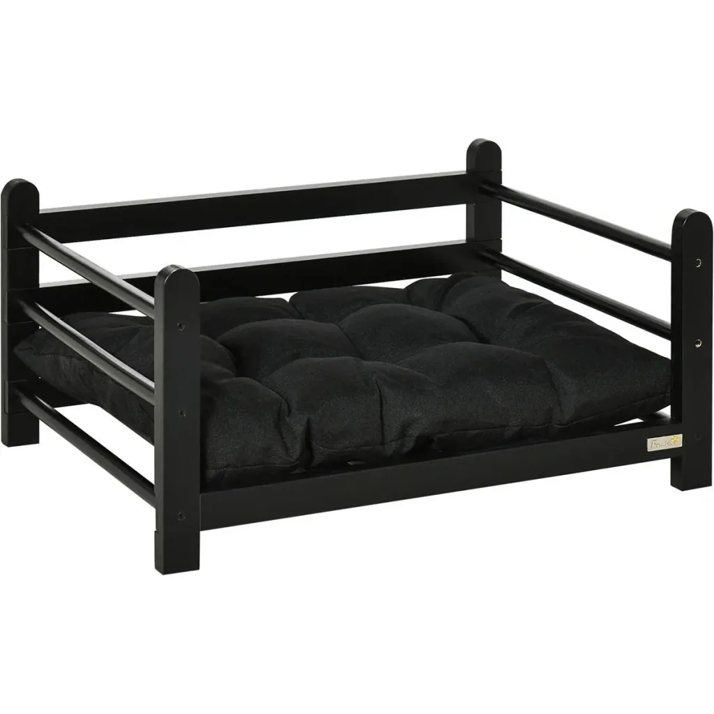 Hundebett mit hohem Rahmen und Kissen, Kiefernholz, 65 x 51 x 32 cm