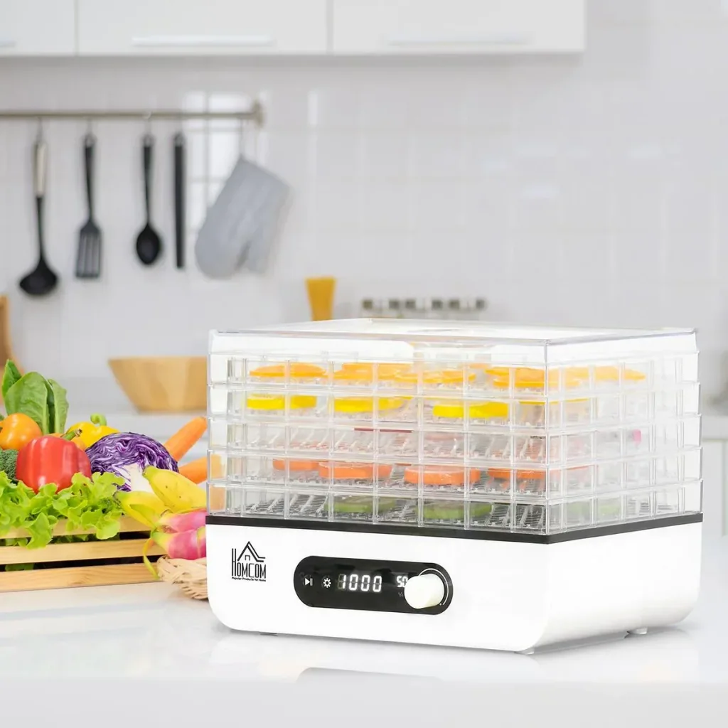 Dehydrator Dörrgerät Dörrautomat mit 5 Einlegefächer Dörrer mit 35-70° Temperaturregler 72 Stunden Timer 400 Watt Fleisc