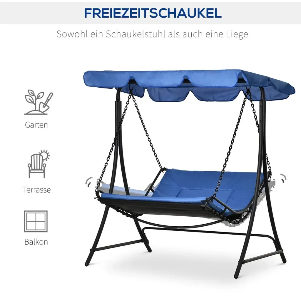 Schwingliege Hollywoodschaukel Gartenliege mit Dach für 2 Personen Stahl Blau 164 x 116 x 176cm