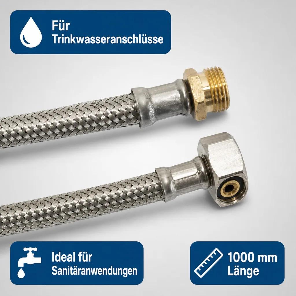 Panzerschlauch, Edelstahl, flexibel, 1000mm, 3/8" AG x 1/2" ÜM, DVGW