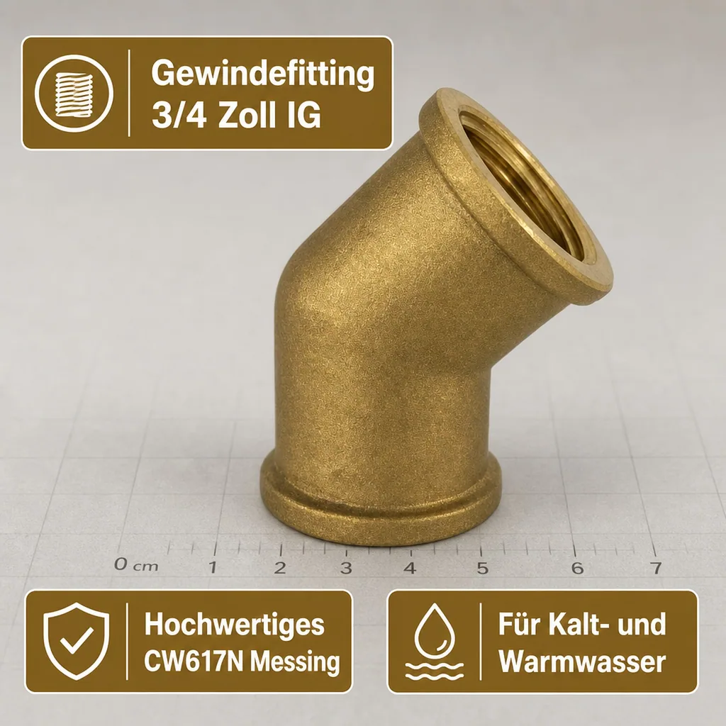 Messing Winkel 45 Grad, Gewindefitting 3/4 Zoll IG, Winkel Fitting