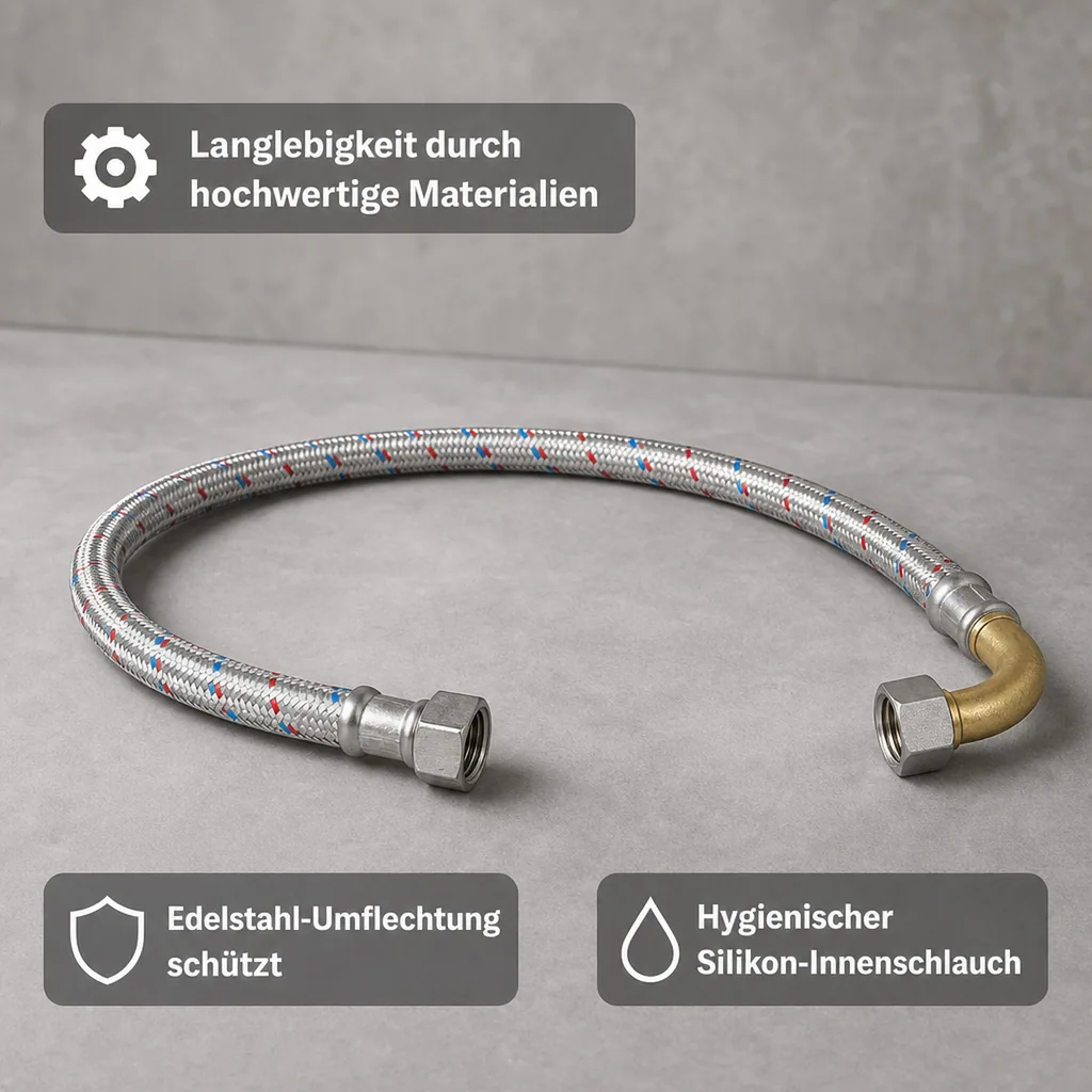 Panzerschlauch 1/2 Zoll, Edelstahl, DVGW, Bogen, 800mm, DN13