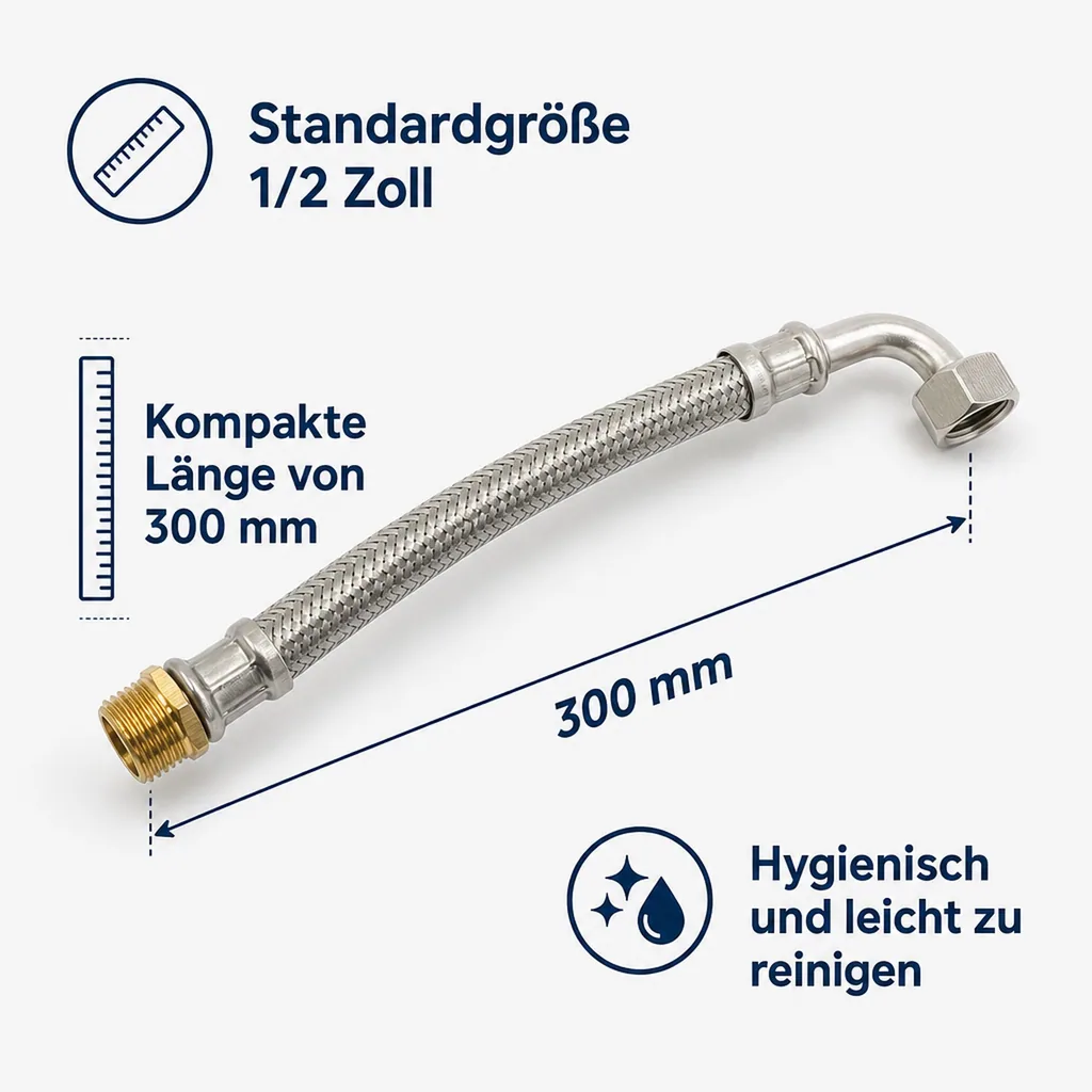 Panzerschlauch 1/2 Zoll, Edelstahl, Flexschlauch, DVGW, Bogen, 300mm