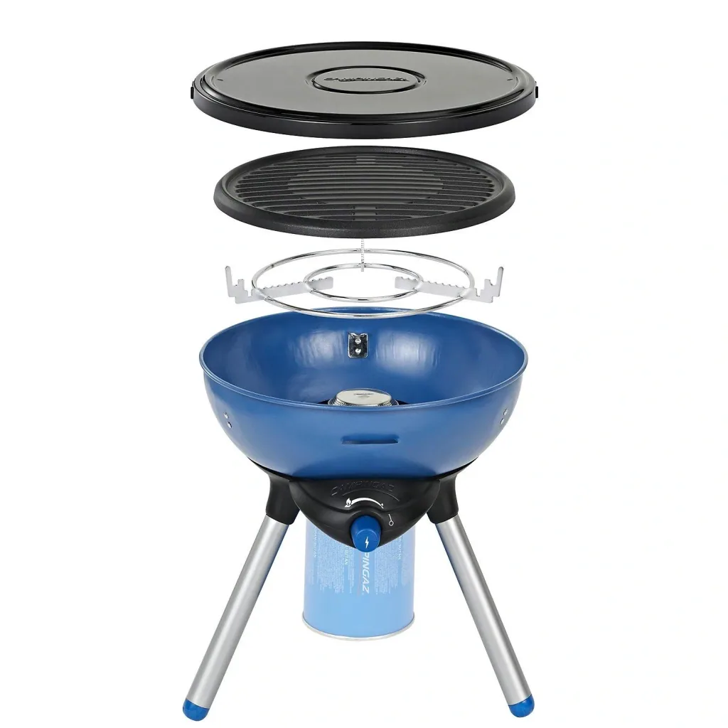 Party Grill  Campingkocher 200 CV Mit Topfkreuz, Grillrost und Transportdeckel, Kartuschenbetrieb