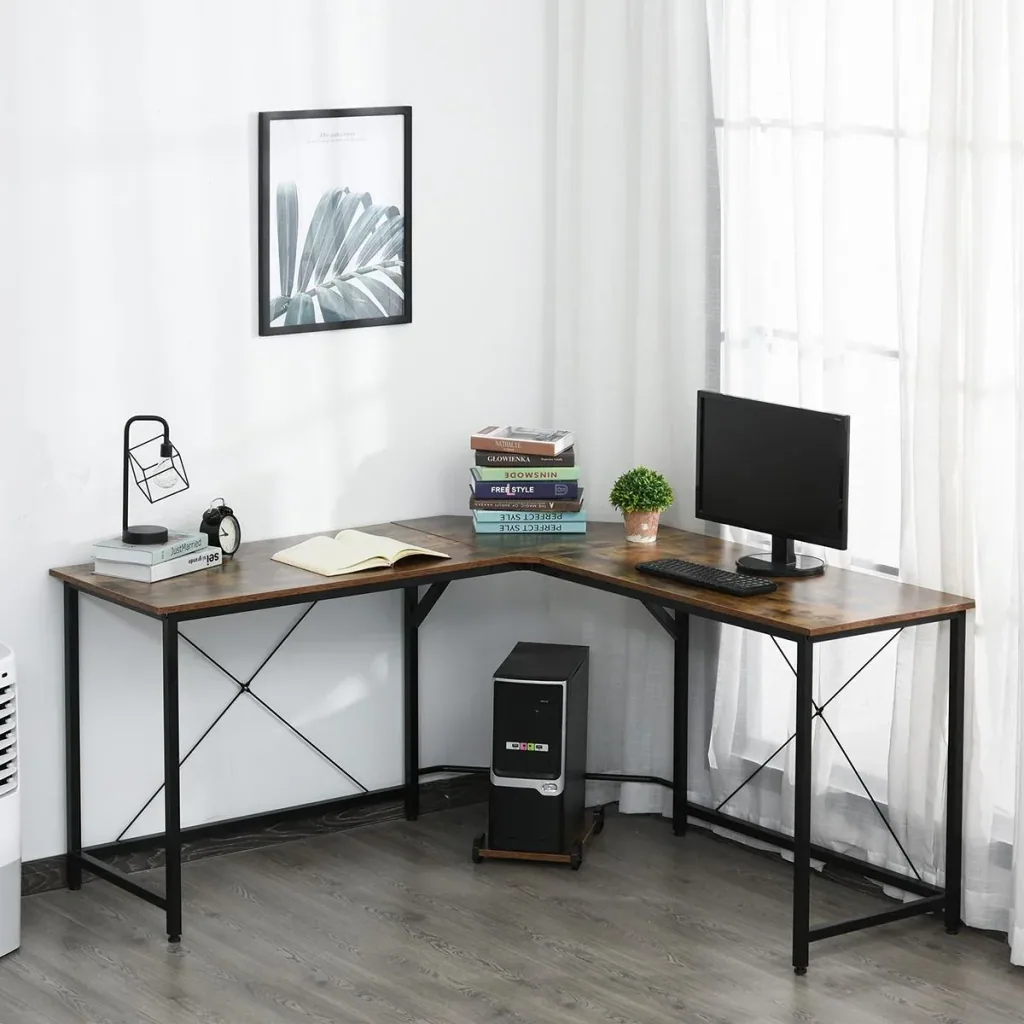 Computertisch, L-förmiger Eckschreibtisch, Schreibtisch, Bürotisch, E1 Spanplatte +Metall, Schwarz+Braun, 150 x 150 x 75