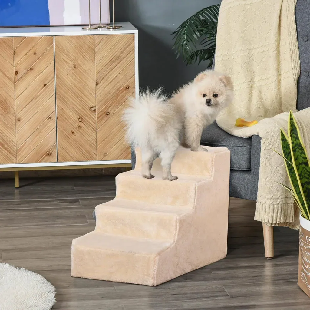 Haustiertreppe 4-stufige Hunderampe mit abnehmbarer Bezug Katzentreppe Hundetreppe Tiertreppe Spanplatte Plüsch Beige 60