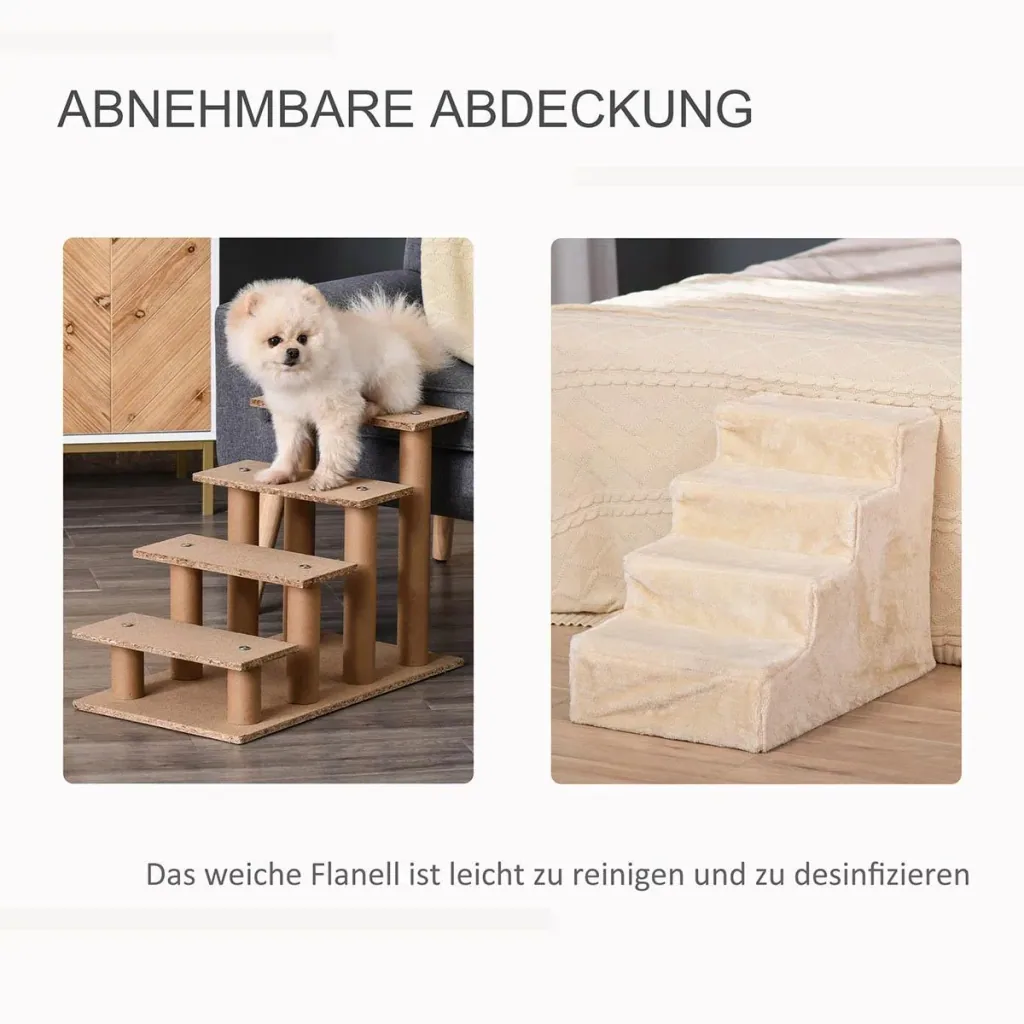 Haustiertreppe 4-stufige Hunderampe mit abnehmbarer Bezug Katzentreppe Hundetreppe Tiertreppe Spanplatte Plüsch Beige 60