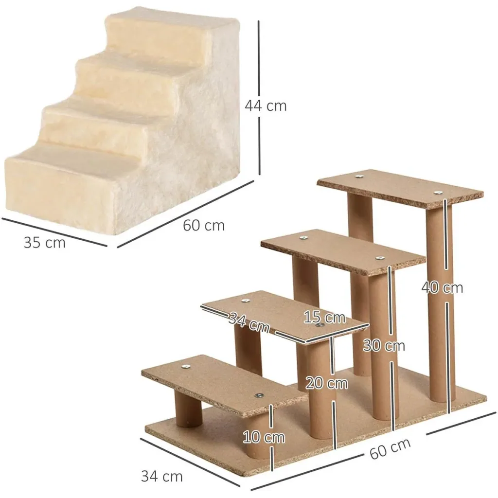 Haustiertreppe 4-stufige Hunderampe mit abnehmbarer Bezug Katzentreppe Hundetreppe Tiertreppe Spanplatte Plüsch Beige 60