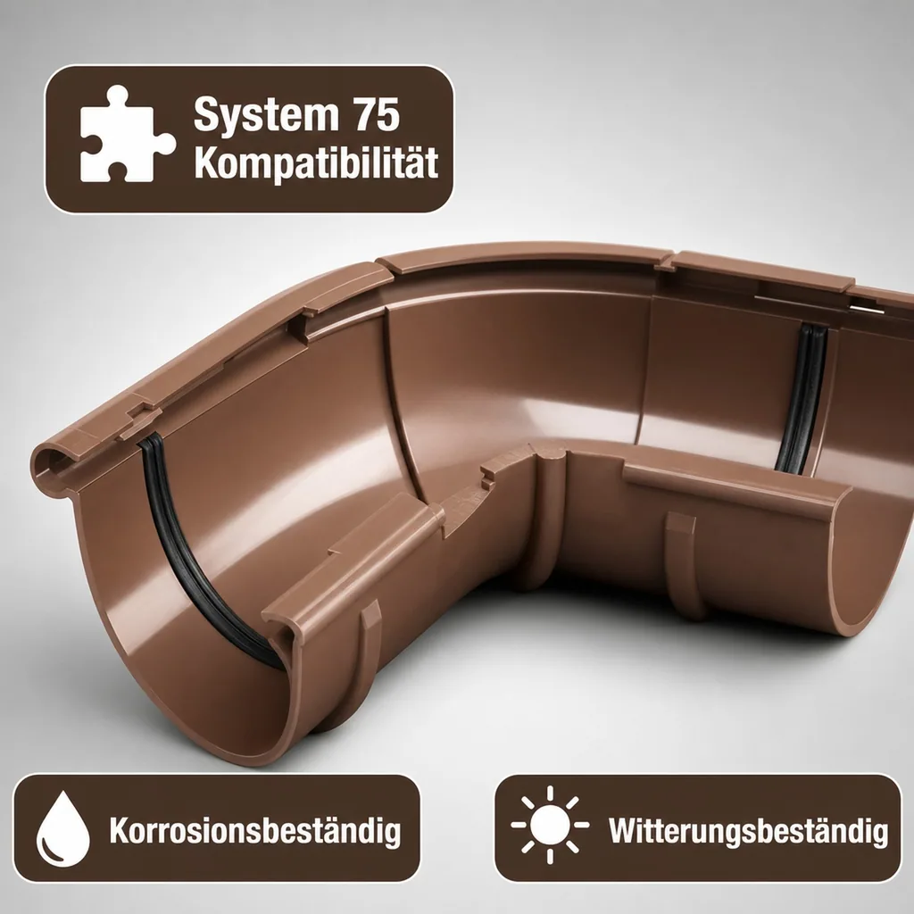 Dachrinne Außenecke, verstellbar 120°-145°, braun, System 75, PVC