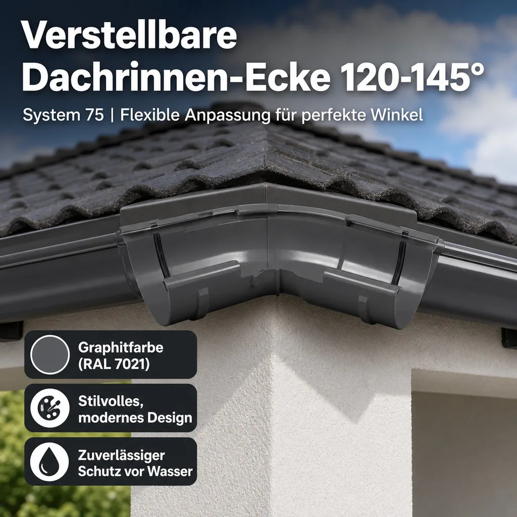 Regenrinne Ecke, Dachrinne Eckstück, Außen einstellbar 120-145°, Graphit System 75