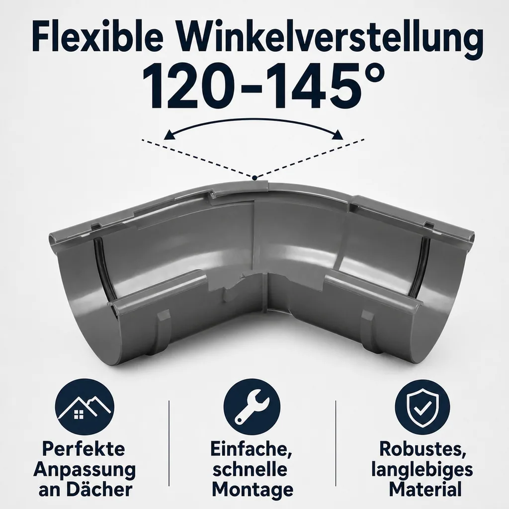 Regenrinne Ecke, Dachrinne Eckstück, Außen einstellbar 120-145°, Graphit System 75