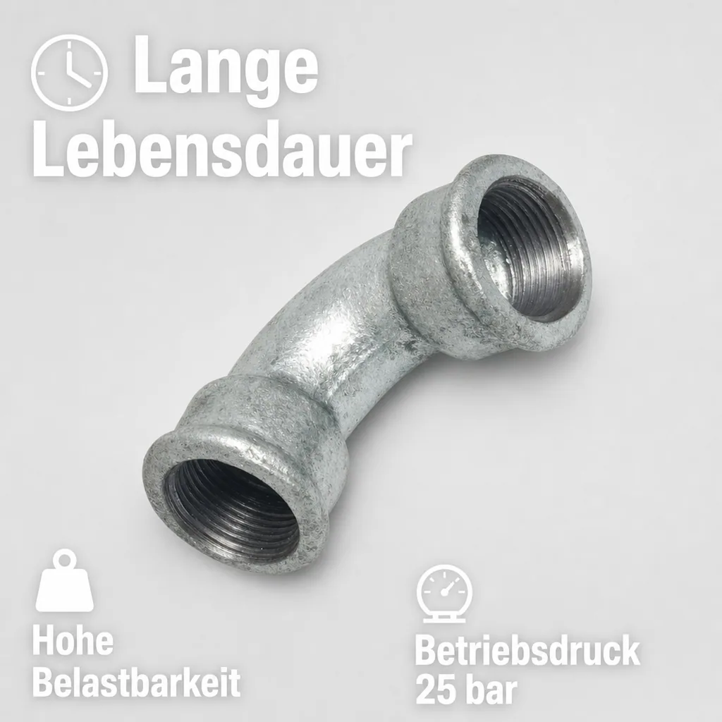 Gewindefitting, Tempergussfitting, Bogen 90° kurz, 2 Zoll IG x IG, verzinkt