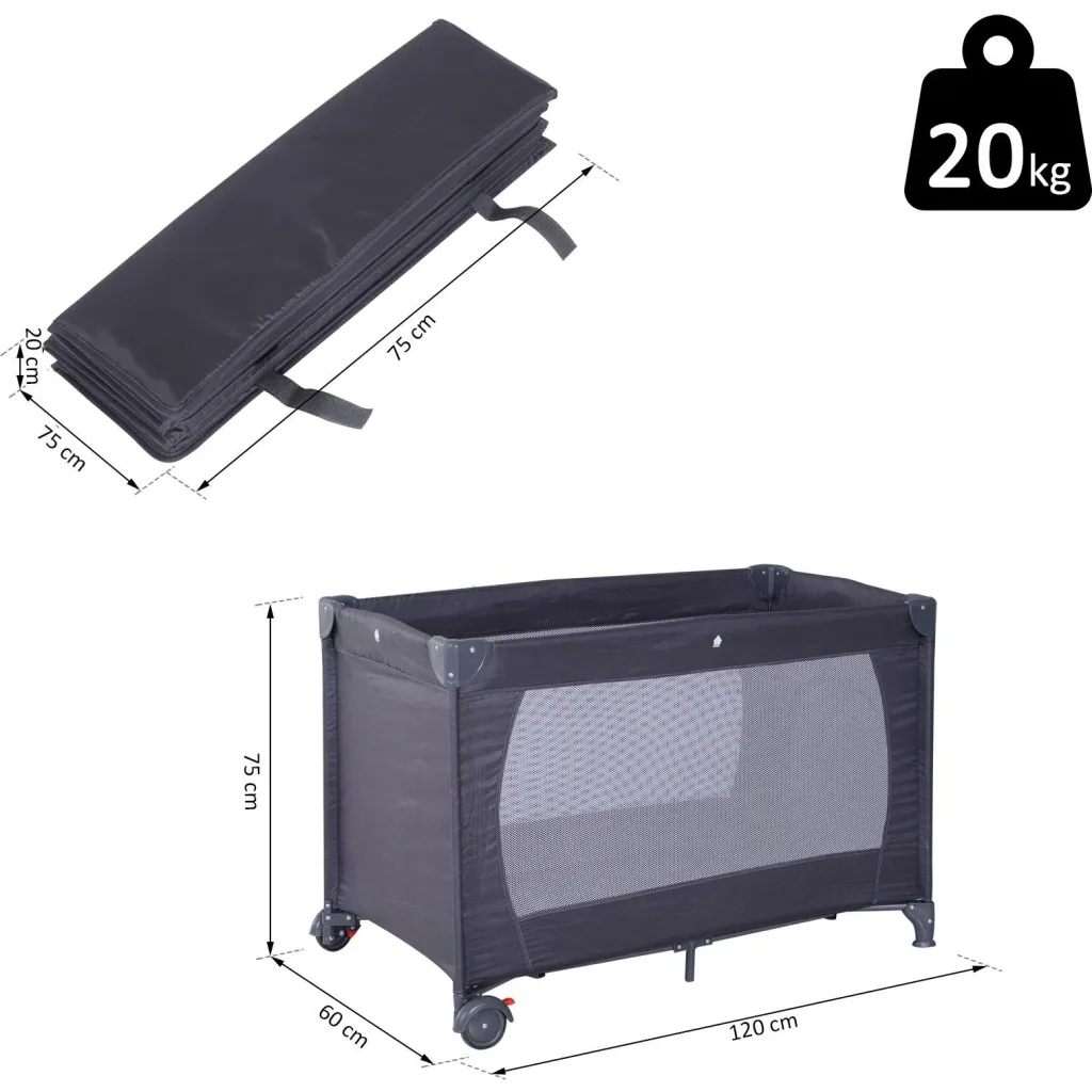 Babybett Kinderreisebett klappbar Klappbett mit Matratze + Rollen Tragetasche Schwarz 120 x 60 x 75 cm