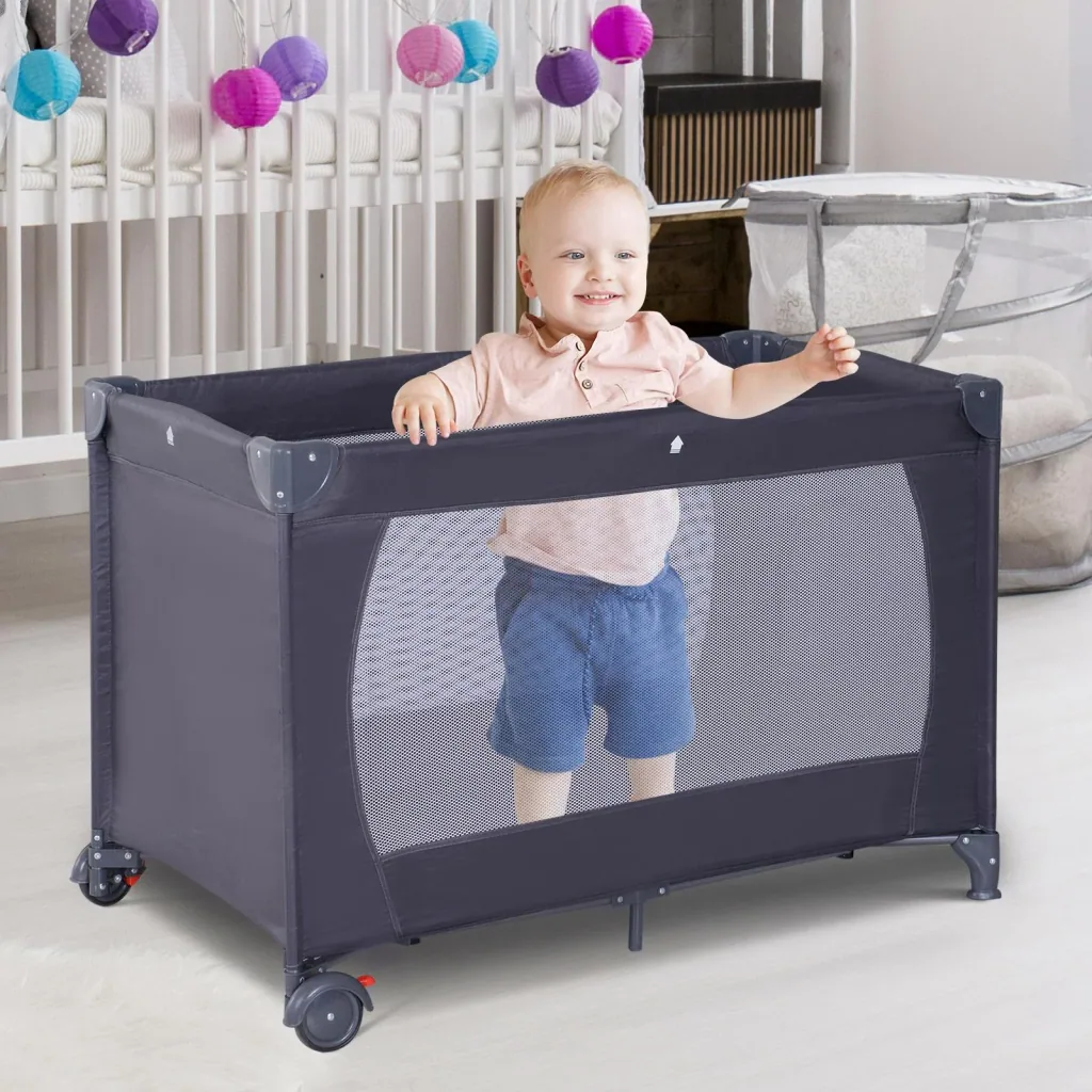 Babybett Kinderreisebett klappbar Klappbett mit Matratze + Rollen Tragetasche Schwarz 120 x 60 x 75 cm
