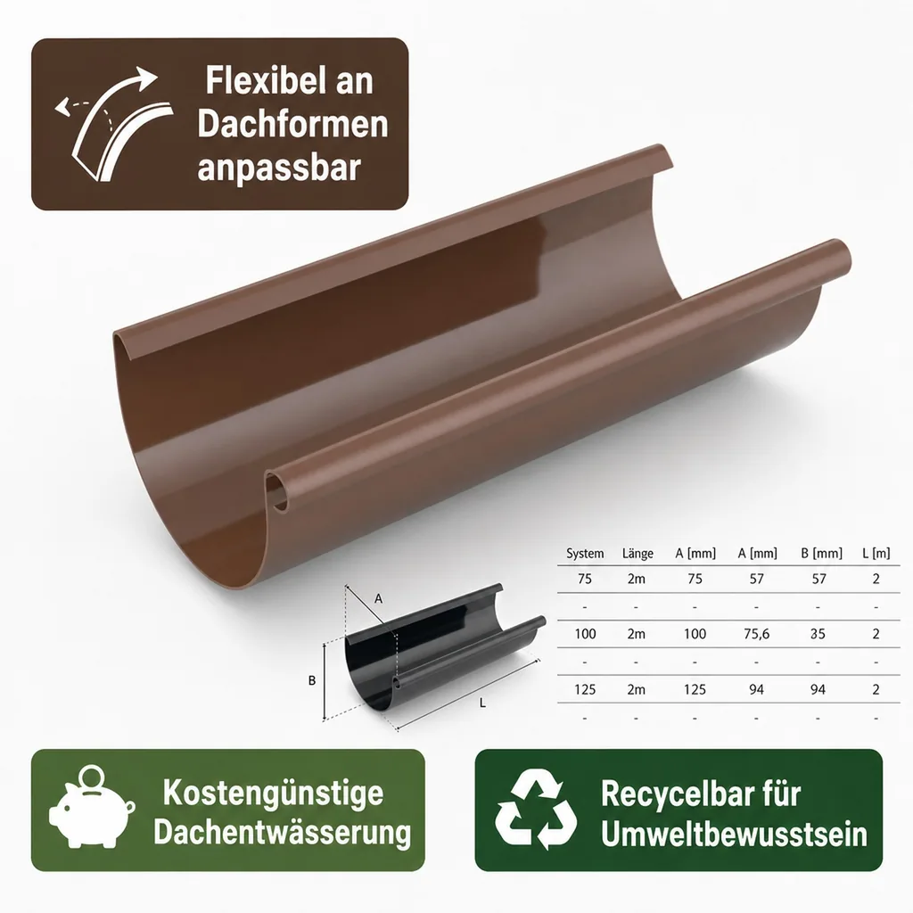 Regenrinne 2m, Dachrinne Kunststoff braun, System 125