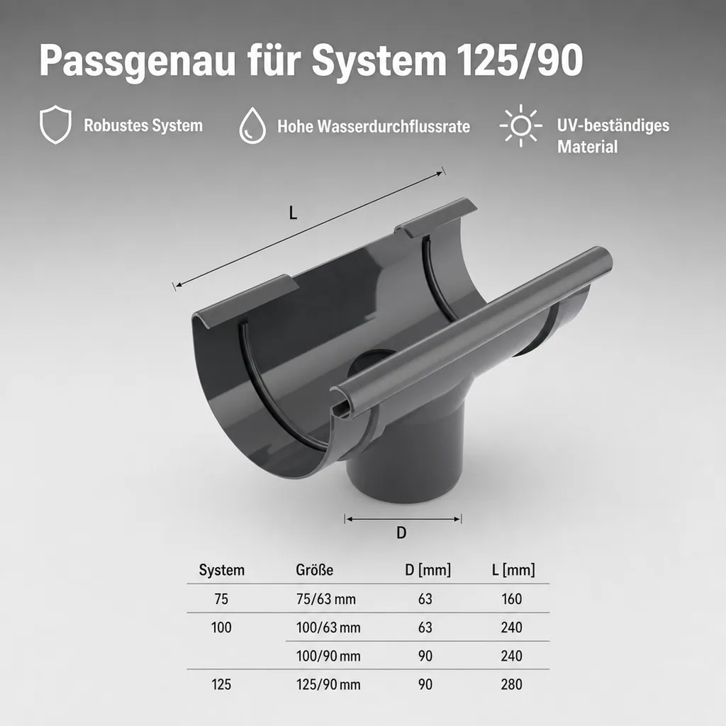 Regenrinnenstutzen graphit, System 125/90, Dachrinnenstutzen